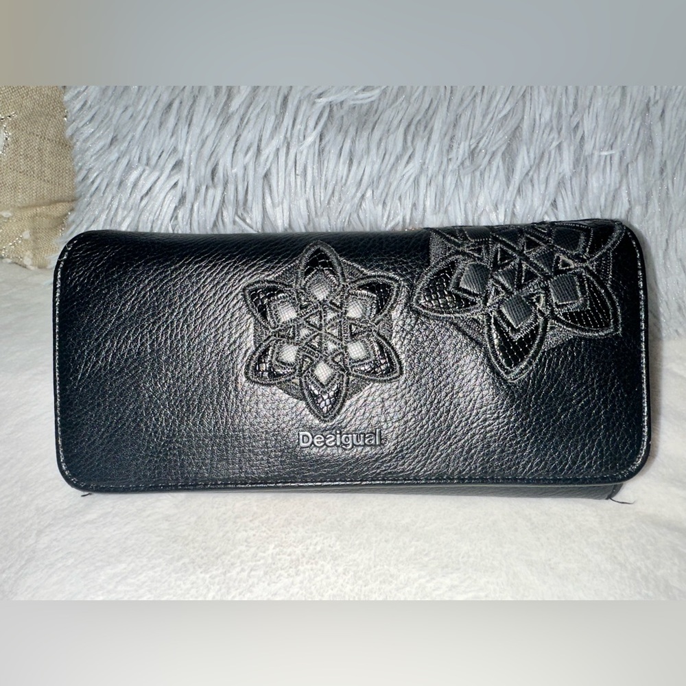 Desigual - black leather embossed flower wallet. Like new